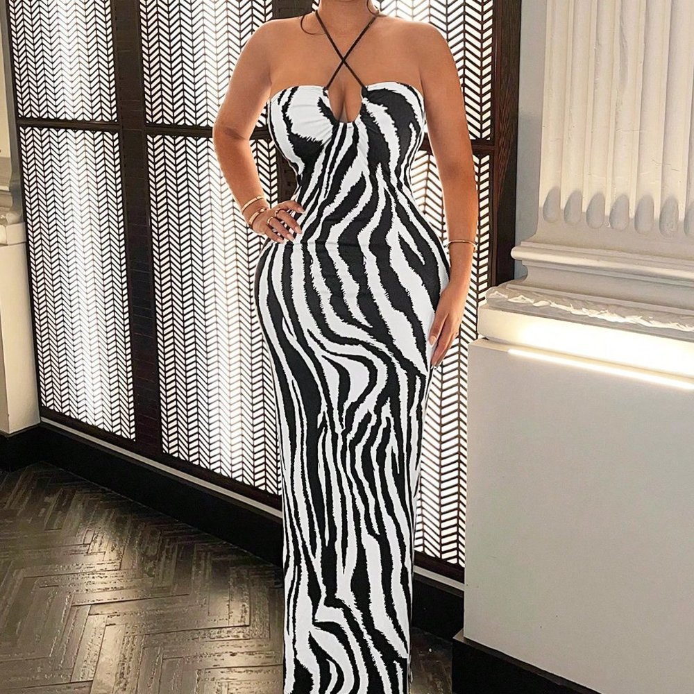 Black & White Preppy Womens Zebra Striped Tie Backless Halter Bodycon Dress - Picture 5 of 5